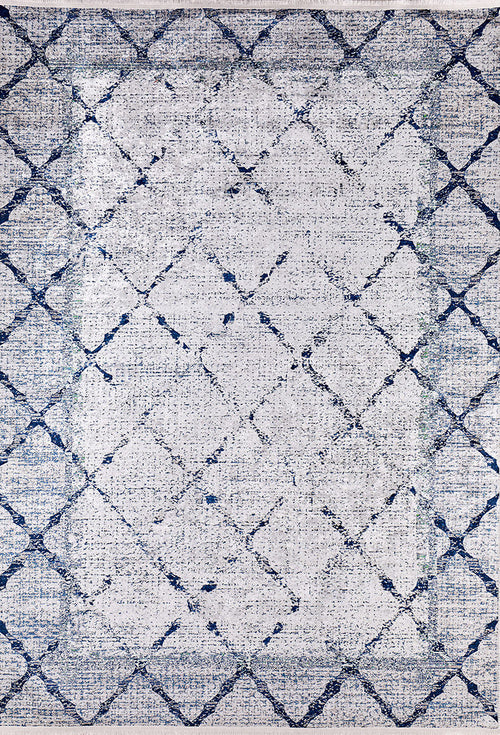 Load image 1 in gallery view. The Classic Trellis - Washable Rug - JR710 (Custom Size) features a rectangular, flat weave with a distressed white base and blue diamond lattice pattern, plus denser blue edges for a vintage look. Stylish and practical, it's also easy to wash.