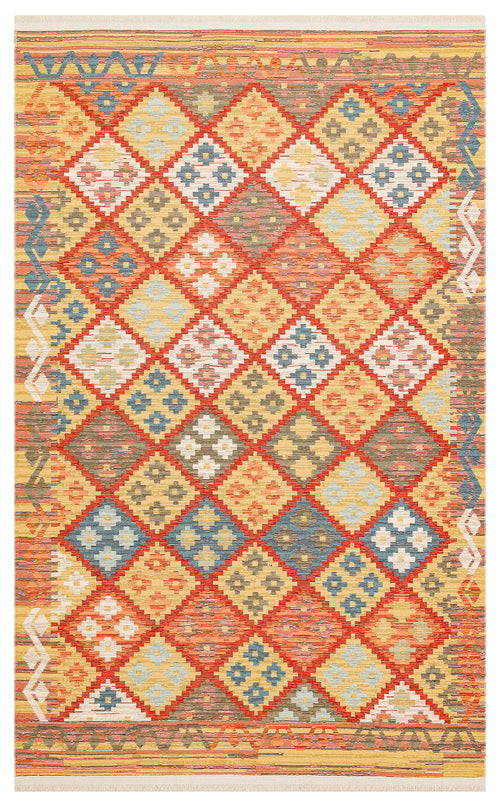 Load image 1 in gallery view. The Clay Mark - Washable Reversible Kilim - NMD05 features a vibrant geometric diamond pattern in red, yellow, blue, and orange with floral motifs and striped borders—ideal as a durable rug for high-traffic spaces.