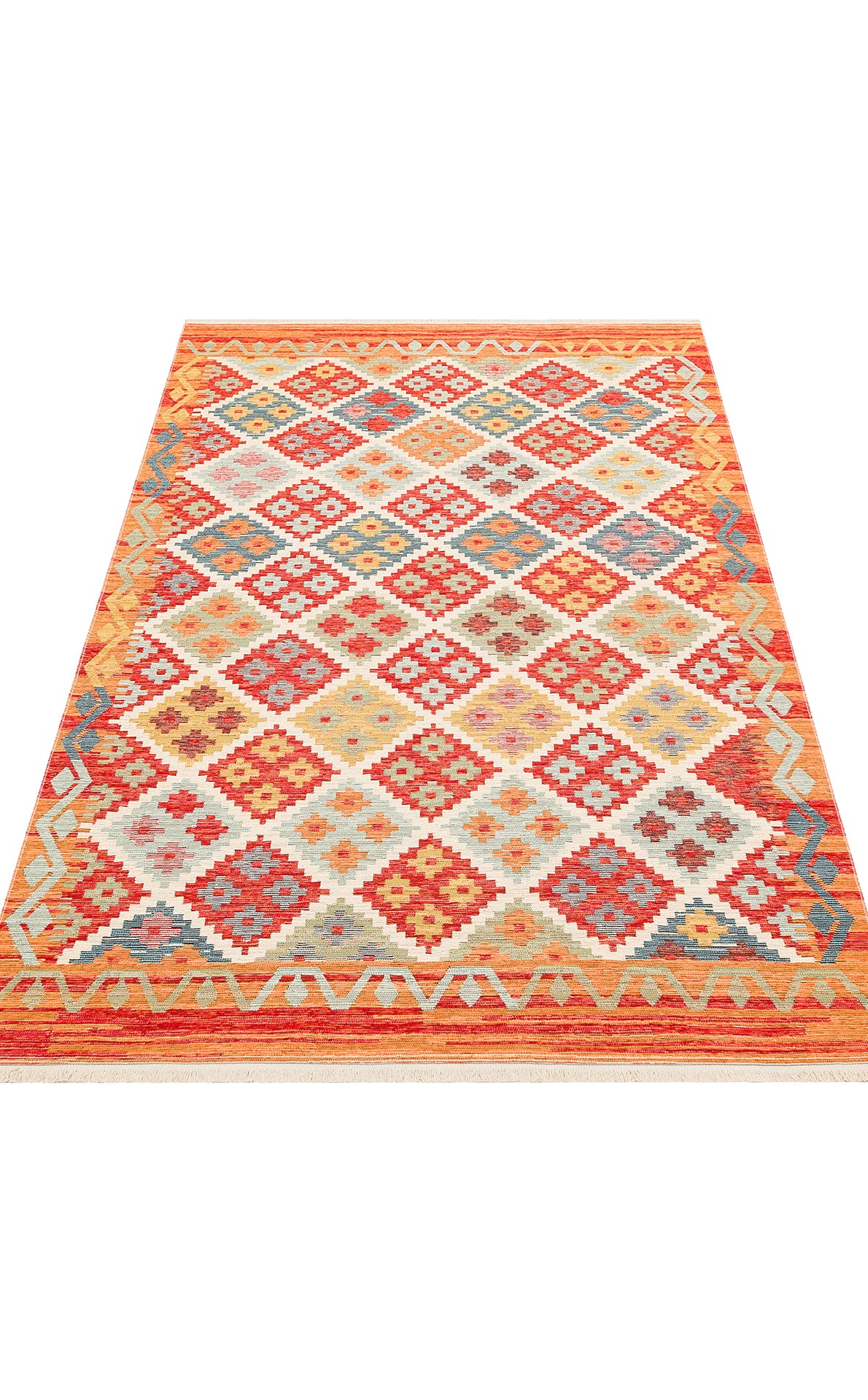 The Clay Mark - Washable Reversible Kilim - NMD05 is a rectangular rug with a vibrant geometric diamond pattern in red, orange, yellow, blue, and white. It features a multicolored border, fringed ends, and is ideal for high-traffic areas.
