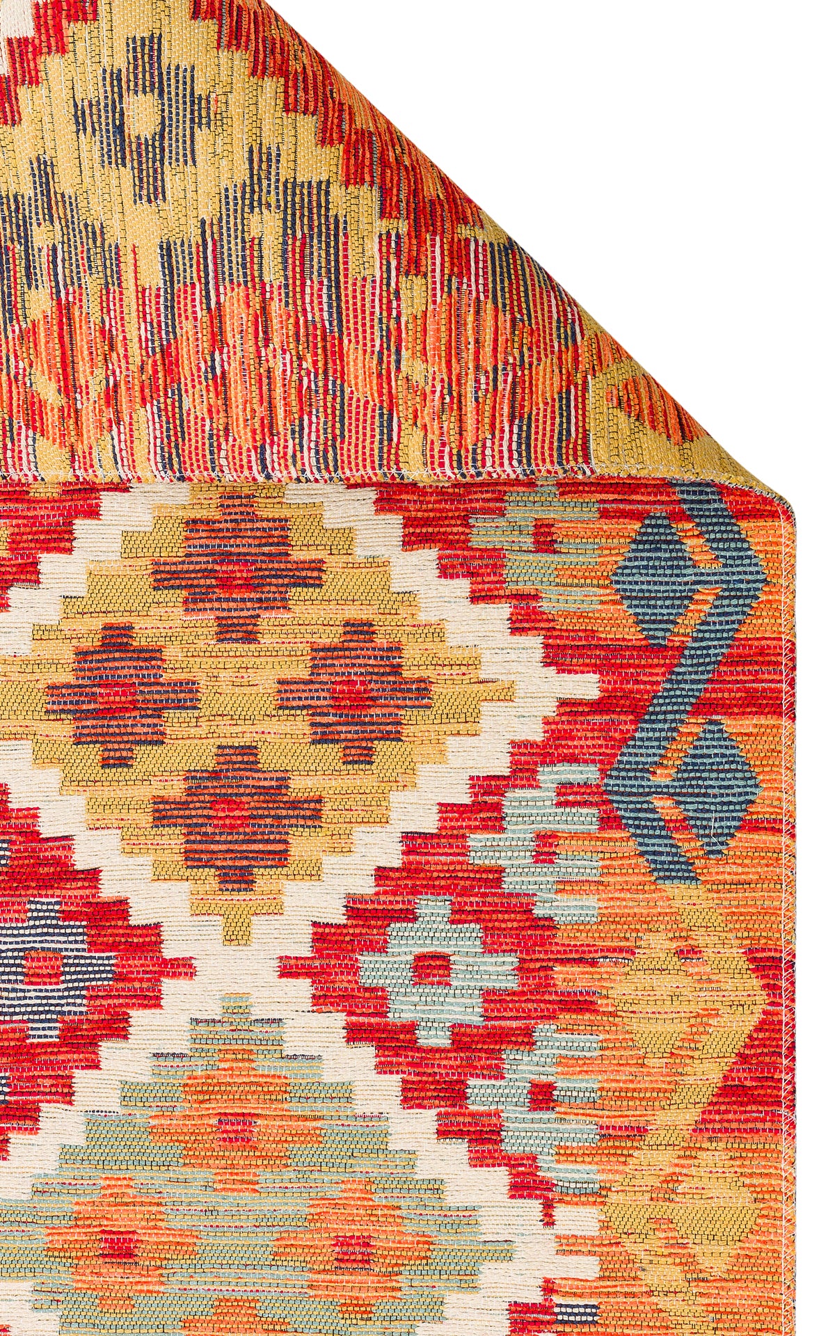 The Clay Mark - Washable Reversible Kilim - NMD05 features vibrant geometric patterns in red, yellow, gold, teal, and blue. A flipped corner reveals both sides—ideal as a geometric tribal rug for busy high-traffic areas.