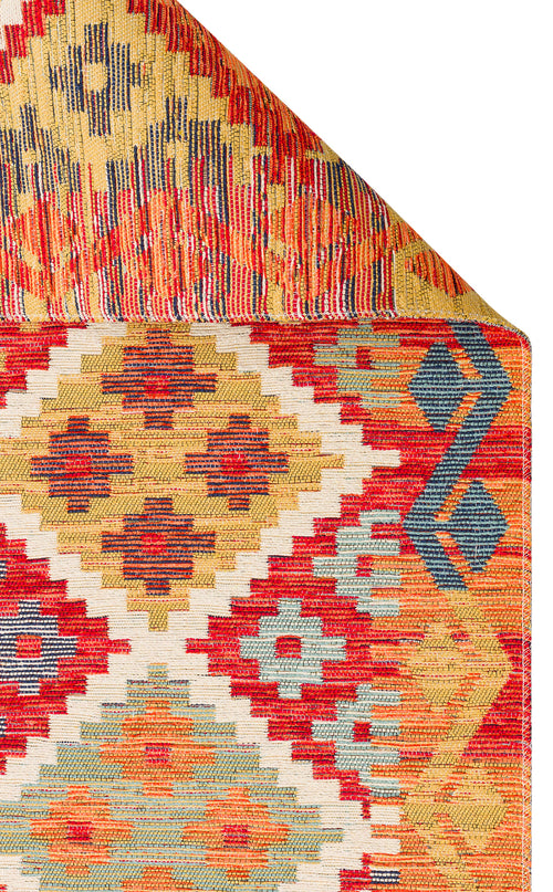 Load image 1 in gallery view. The Clay Mark - Washable Reversible Kilim - NMD05 features vibrant geometric patterns in red, yellow, gold, teal, and blue. A flipped corner reveals both sides—ideal as a geometric tribal rug for busy high-traffic areas.