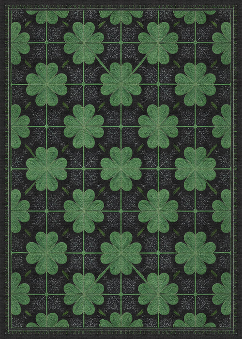 Load image 1 in gallery view. The Clover Noir - Washable Rug (JRS012) features evenly spaced green four-leaf clovers with lighter green outlines on a black background—a durable, stylish choice for high-traffic areas.