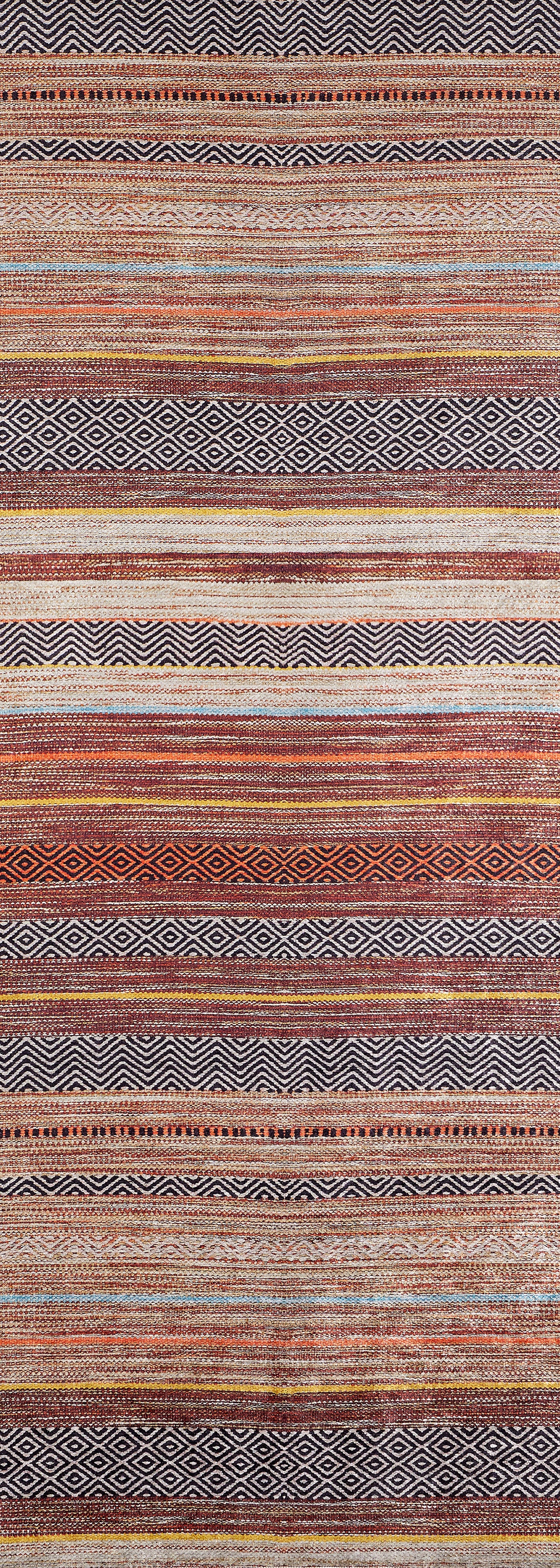The Coastal Breeze - Washable Rug - JR1549 features horizontal stripes in earthy browns, reds, oranges, and beige with geometric diamond patterns—ideal for allergy-sensitive homes seeking a stylish, washable rug option.