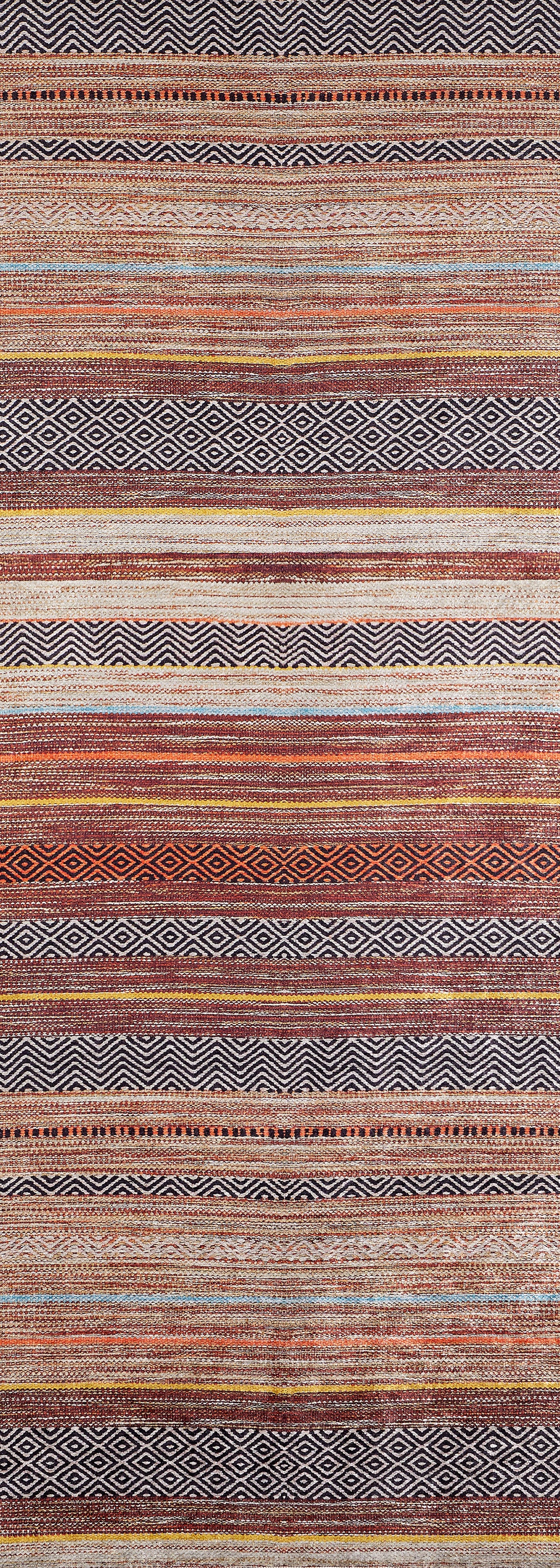 The Coastal Breeze - Washable Rug - JR1549 features horizontal stripes in earthy browns, reds, oranges, and beige with geometric diamond patterns—ideal for allergy-sensitive homes seeking a stylish, washable rug option.