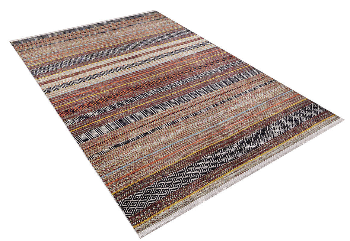 The Coastal Breeze - Washable Rug - JR1549 (Custom Size) is a large rectangular rug with horizontal stripes in earthy tones, featuring diamonds and zigzags—durable and ideal for high-traffic areas.