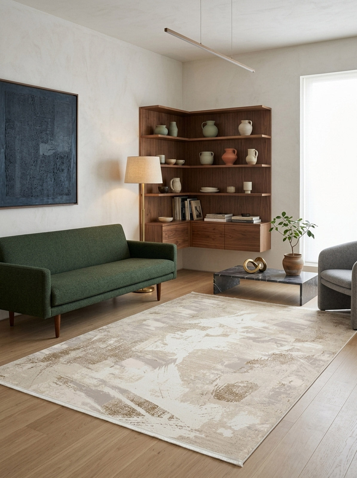 Beige and cream abstract distressed rug in a modern living room with a green sofa.