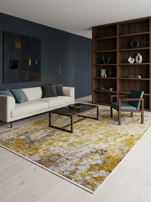 Bild 1 in Galerieansicht laden. Mustard yellow and grey abstract distressed rug in a modern living room.