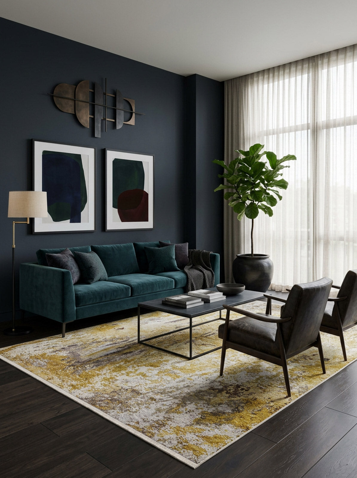 Yellow, grey, and white abstract distressed rug in a modern living room with dark walls and teal sofa.