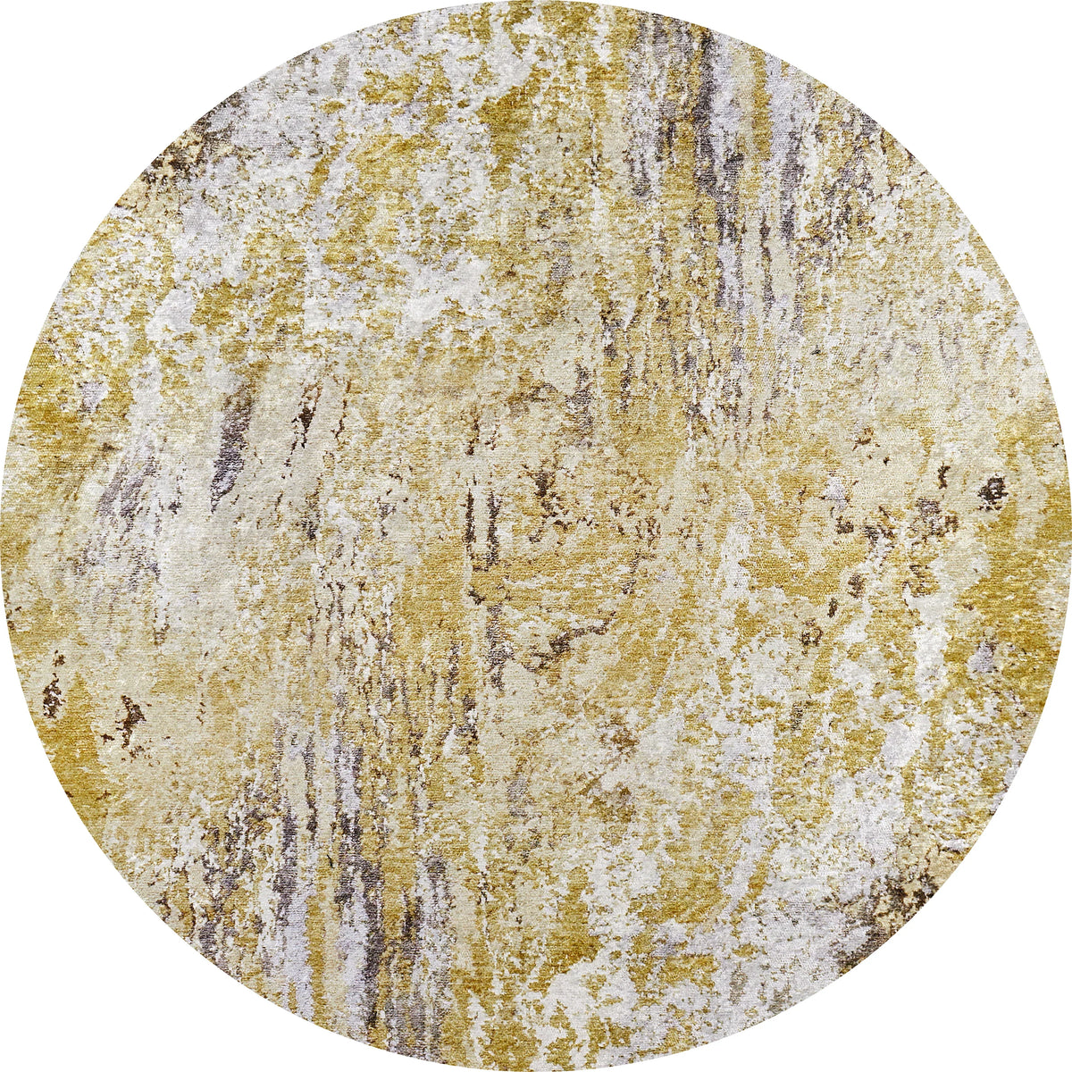 The Color Splash - Washable Rug - JR146 is a round rug with an abstract pattern in gold, beige, cream, and gray tones, evoking a textured look. It's durable and washable—ideal for high-traffic areas.