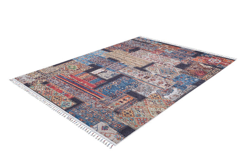 Load image 1 in gallery view. The Colorful Composition - Washable Rug - JR5107 (Custom Size) features a vibrant patchwork design in blue, red, beige, and orange with geometric and floral patterns plus white fringe—perfect for stylish, high-traffic spaces.