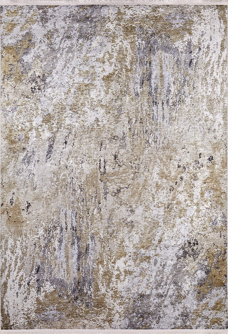The Contemporary Canvas - Washable Rug - JR145 features a textured, marble-like pattern in beige, gray, white, and yellow-gold. Its durable design is perfect for high-traffic areas and is available in custom sizes.