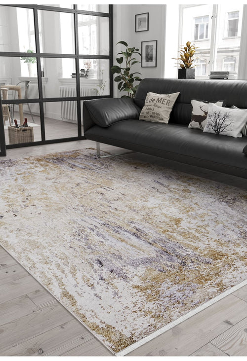 Load image 1 in gallery view. A modern living room with a black leather sofa, pillows, a potted plant, and the Contemporary Canvas - Washable Rug - JR145 (Custom Size) in neutral tones on light wood floors. Large windows fill the space with natural light—perfect for busy areas.