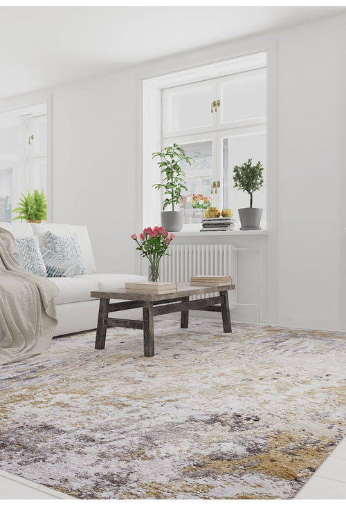Load image 1 in gallery view. Bright living room with a white sofa, patterned pillows, rustic wooden coffee table, and the Contemporary Canvas - Washable Rug - JR145 (Custom Size) in yellow-gold—perfect for high-traffic areas—with plants by a sunlit window.