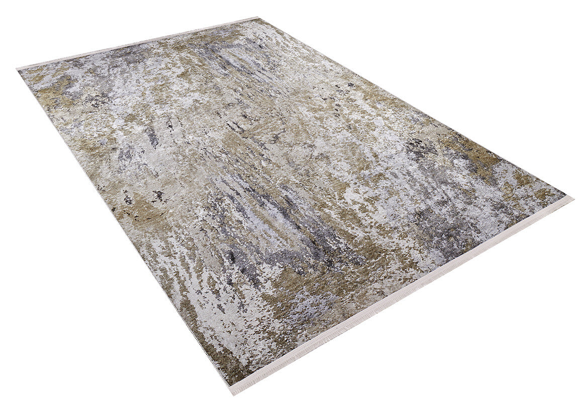The Contemporary Canvas - Washable Rug - JR145 (Custom Size) features an abstract pattern in grey, beige, and muted gold—photographed at an angle on a white background—ideal for high-traffic areas.