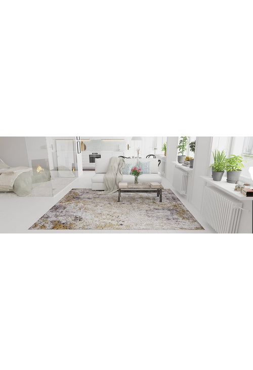 Load image 1 in gallery view. A bright, modern living room with large windows, white walls, a cozy fireplace, and neutral furniture showcases the Contemporary Canvas - Washable Rug - JR145 (Custom Size), ideal for high-traffic areas, with green plants on the sill and a blanket over a chair.