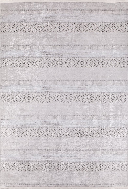 Load image 1 in gallery view. The Contemporary Coordinates - Washable Rug - JR750 (Outlet) US is a light gray rug with dark geometric diamonds and dashed lines, offering a modern design that's easy to clean—ideal for high-traffic spaces.