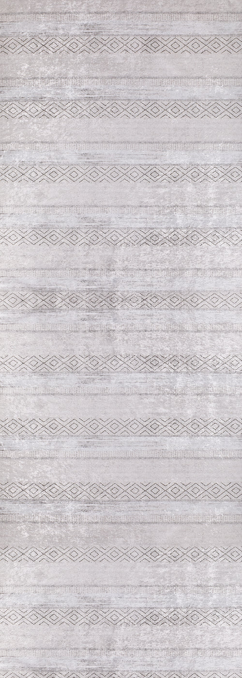 Load image 1 in gallery view. The Contemporary Coordinates - Washable Rug - JR750 features a light gray textured surface with horizontal rows of geometric patterns, offering a subtle, elegant look that complements cream and beige rugs or any washable rug collection.