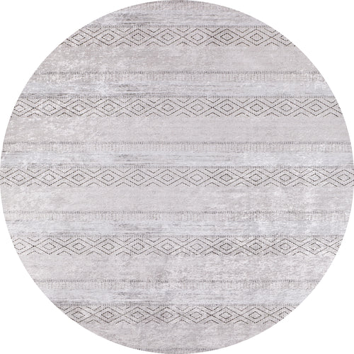 Load image 1 in gallery view. The Contemporary Coordinates - Washable Rug - JR750 is an oval flat weave in light gray with subtle horizontal stripes, some featuring geometric diamond and line motifs, for a modern, elegant look inspired by cream and beige rugs.
