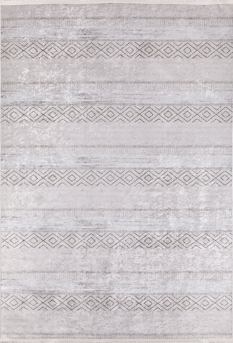 The Contemporary Coordinates - Washable Rug - JR750 (Custom Size) features light grey tones with subtle geometric diamond and dashed line patterns, offering a minimalist, durable design ideal for high-traffic spaces.