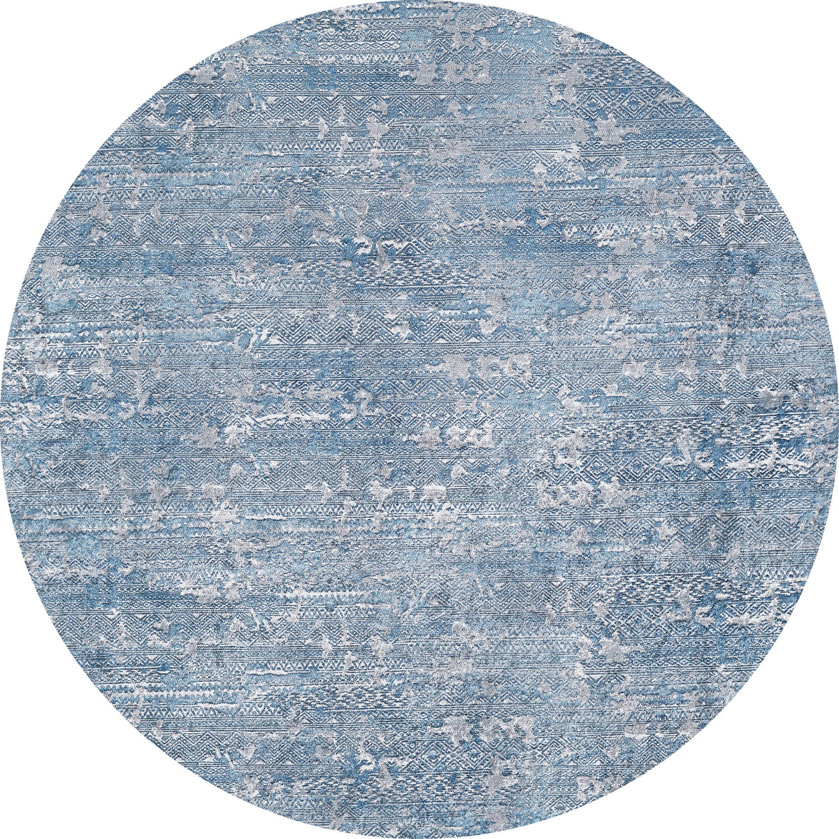 The Contemporary Serenity - Machine-Washable Rug JR1884 features a round, textured design with a distressed blue and gray abstract pattern, subtle color variations, and is ideal for high-traffic areas.