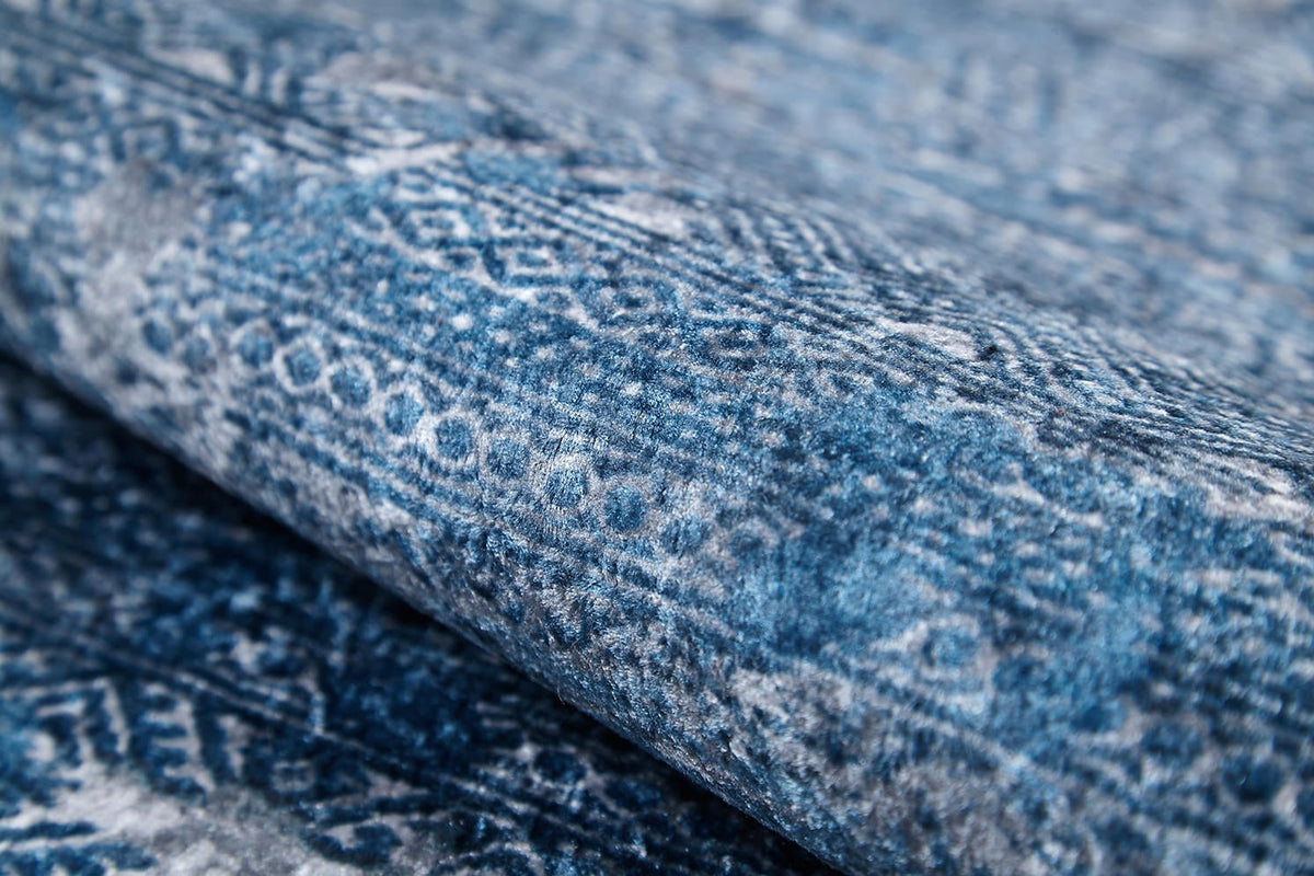 Close-up of the Contemporary Serenity - Machine-Washable Rug JR1884 (Custom Size), featuring blue tones with white geometric and textured designs, perfect for high-traffic areas.