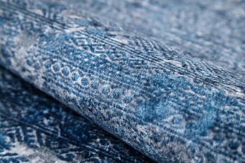 Load image 1 in gallery view. Close-up of the Contemporary Serenity - Machine-Washable Rug JR1884 (Custom Size), featuring blue tones with white geometric and textured designs, perfect for high-traffic areas.
