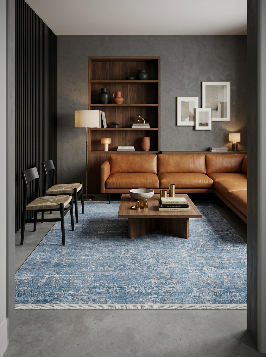 Blue and white distressed area rug with a fringed edge, styled in a modern living room with leather furniture.