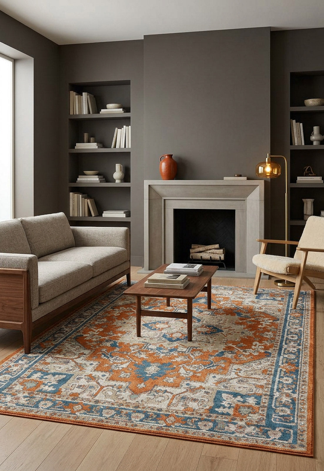 Distressed orange and blue traditional medallion rug in a modern living room with a fireplace.