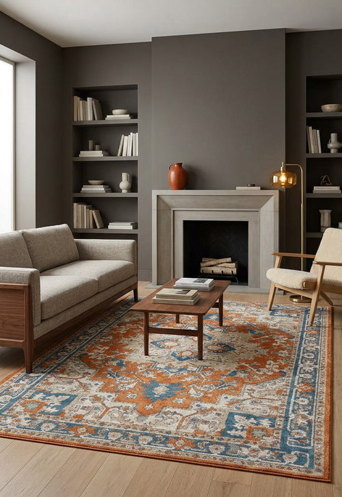 Load image 1 in gallery view. Distressed orange and blue traditional medallion rug in a modern living room with a fireplace.