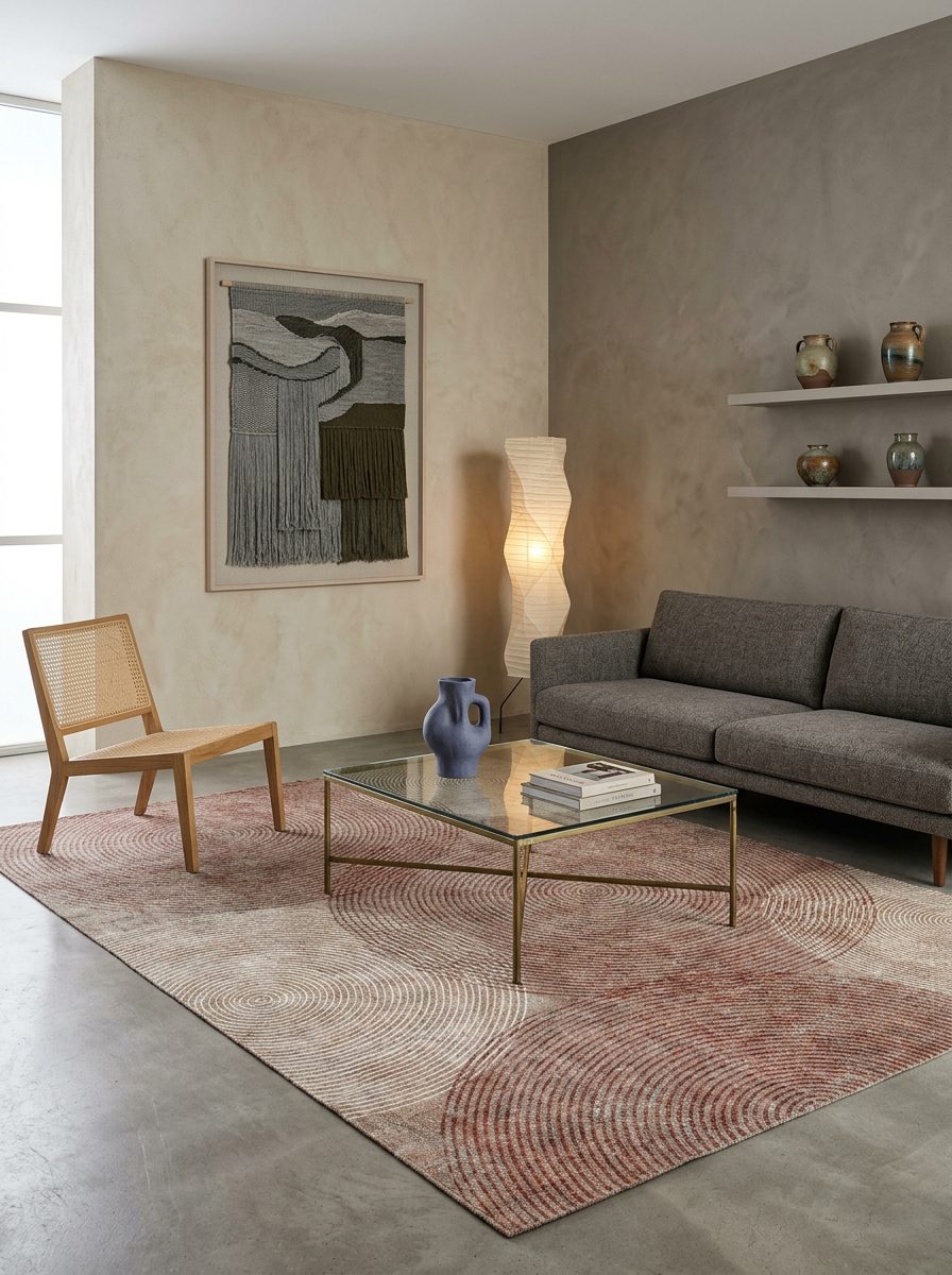 Terracotta and cream rug with a concentric circle pattern, styled in a modern living room.