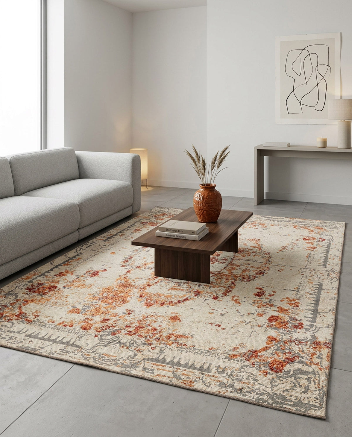 Cream and rust-colored distressed medallion rug in a modern living room.