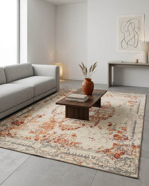 Load image 1 in gallery view. Cream and rust-colored distressed medallion rug in a modern living room.