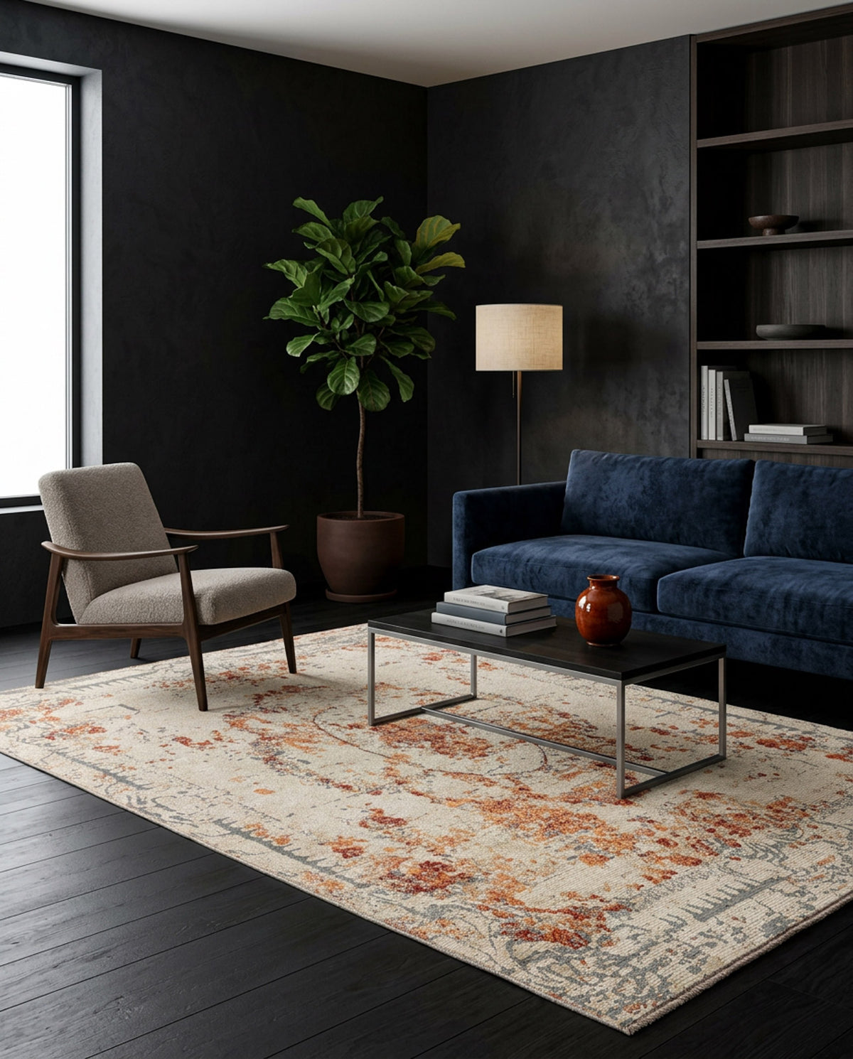 Cream rug with distressed rust and grey abstract patterns, styled in a modern living room with a blue sofa.