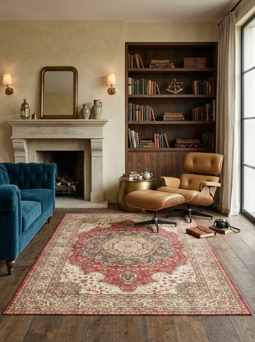 Load image 1 in gallery view. Red and cream traditional medallion rug with a distressed border, styled in a classic living room.