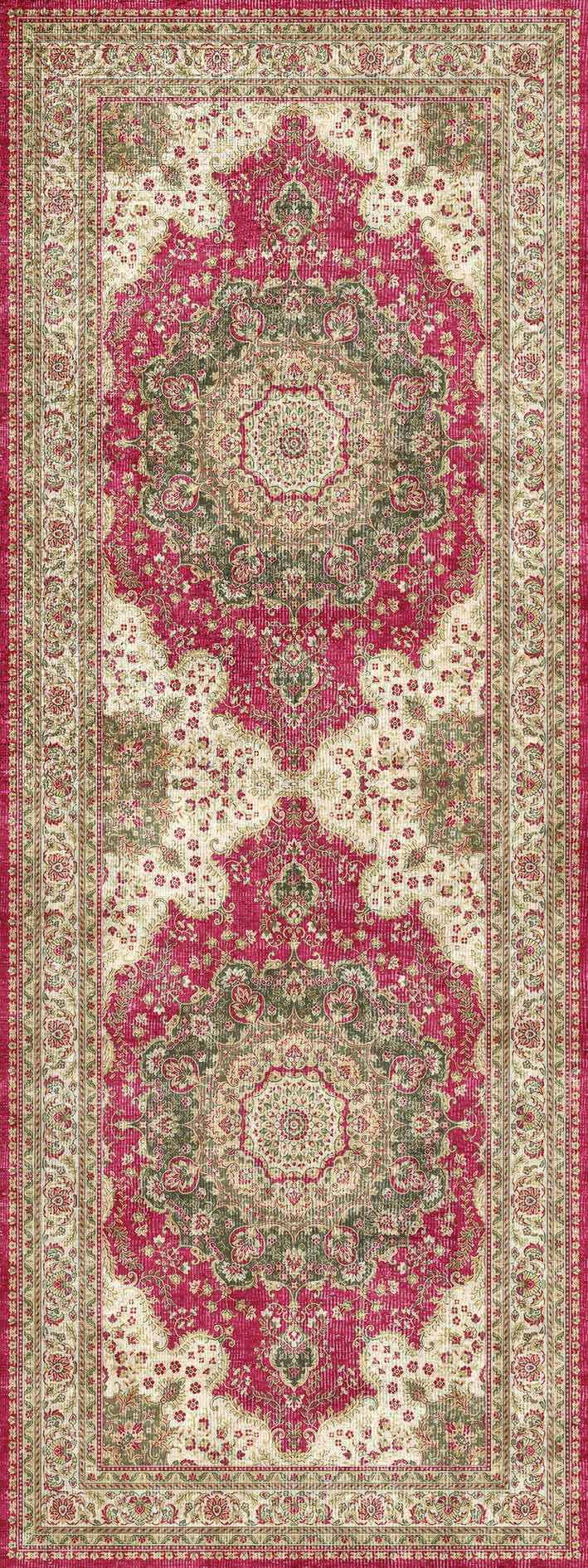 Red and cream runner rug with a traditional Persian-style floral medallion pattern and a decorative border.
