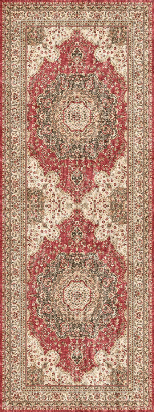 Load image 1 in gallery view. Red and cream runner rug with a traditional Persian-style floral medallion pattern and a decorative border.