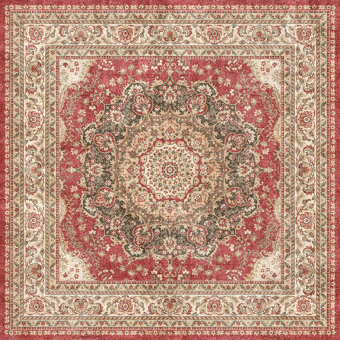 Red and beige traditional rug with a central floral medallion, intricate border, and distressed vintage finish.