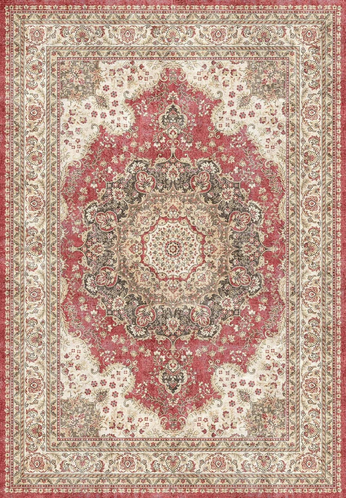Red, cream, and charcoal traditional Persian-style rug with a central floral medallion and ornate border.