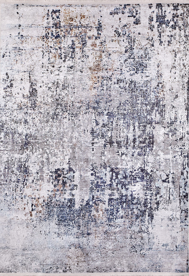 The Creative Currents - Washable Rug - JR835 (Custom Size) is a contemporary flat weave rug with an abstract design in muted gray, blue, and beige tones, featuring distressed patches and irregular patterns for a modern look.