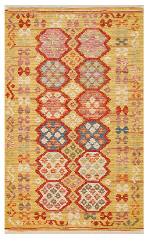 Load image 1 in gallery view. The Crimson Dot - Kilim - NMD03 is a rectangular polyester flat weave rug with a yellow background, displaying rows of red, blue, green, pink, and orange geometric diamonds and hexagons. The border has small ethnic rug motifs.