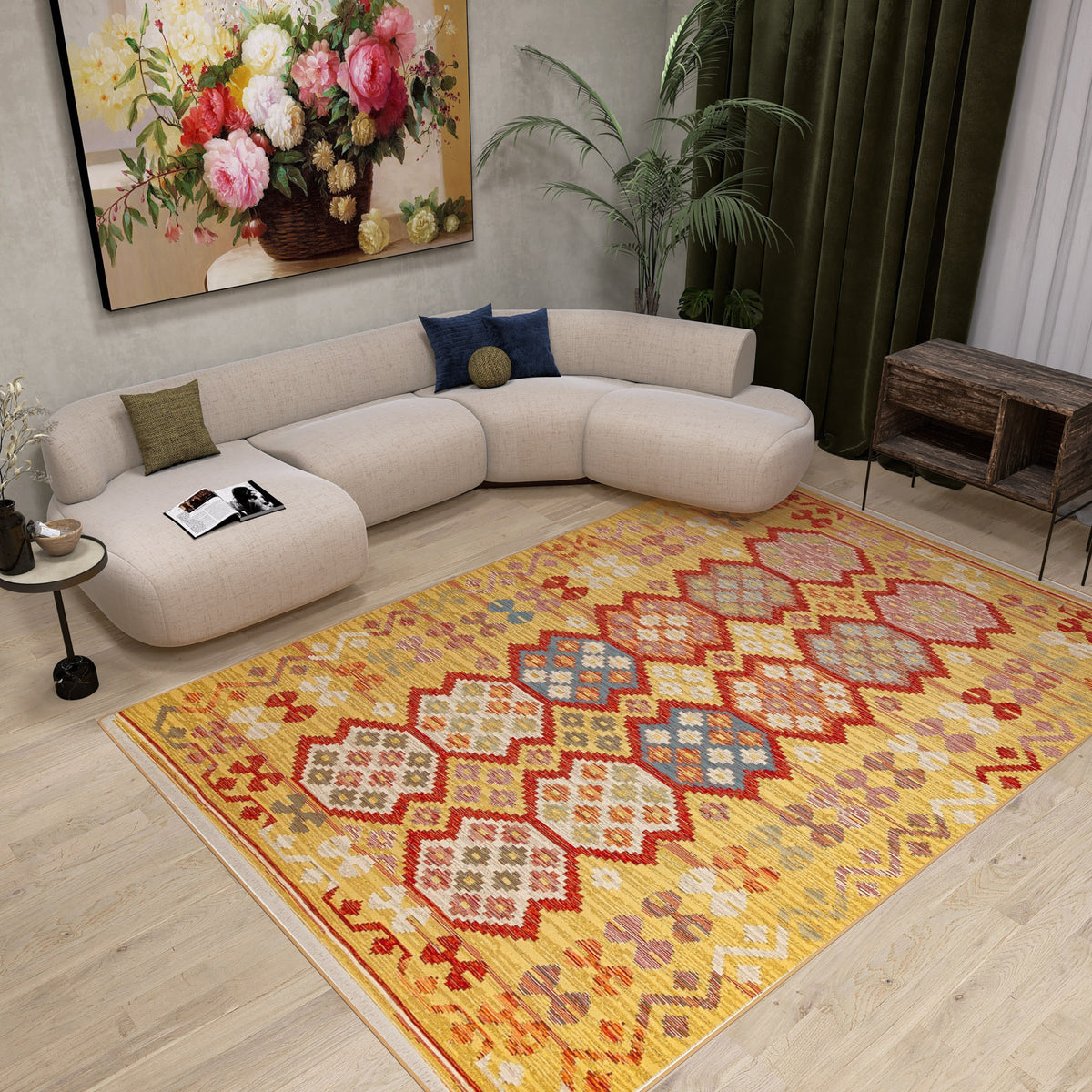 A modern living room with a curved beige sofa, the Crimson Dot - Kilim - NMD03 polyester flat weave rug, a round side table, green curtains, wooden furniture, a large leafy plant, and a floral painting on the wall.