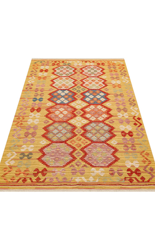 Load image 1 in gallery view. The Crimson Dot - Kilim - NMD03 is a polyester flat weave rug with a yellow background, featuring rows of red, blue, pink, and green geometric diamond patterns in an ethnic kilim style and a textured appearance.