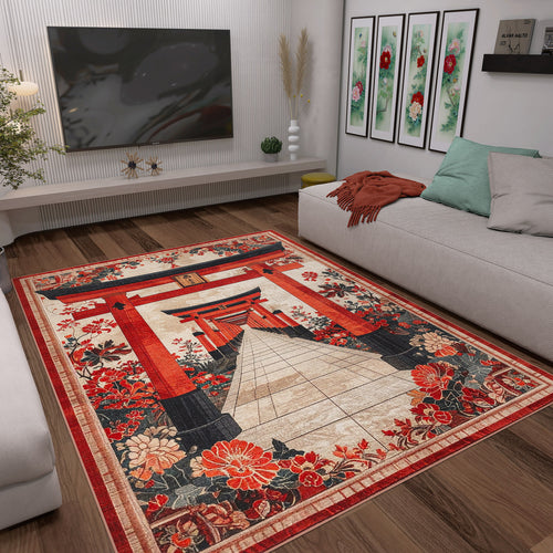 Load image 1 in gallery view. A modern living room with light gray sofas, colorful cushions, and the Crimson Gate - Washable Rug - JRS020 featuring a Japanese torii gate and floral patterns. Floral artwork decorates the wall above the sofa.