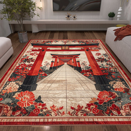 Load image 1 in gallery view. The Crimson Gate - Washable Rug (JRS020) features a pathway through red torii gates framed by vibrant flowers, perfect for enhancing modern living rooms with sofas, a TV, and plants.