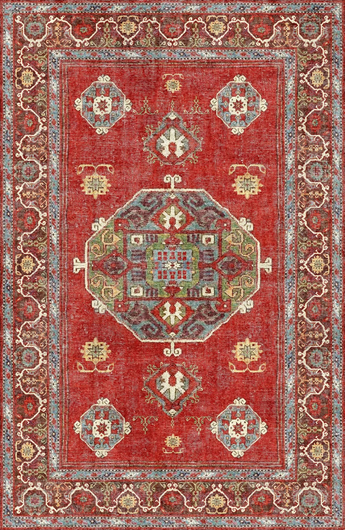 Crimson Palace - Washable Rug - JRN1041 (Custom Size) features a traditional red base with blue and green medallions, geometric motifs, and intricate blue, cream, and brown borders for timeless style in any space.