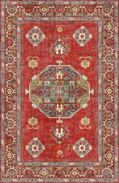 Load image 1 in gallery view. Crimson Palace - Washable Rug - JRN1041 (Custom Size) features a traditional red base with blue and green medallions, geometric motifs, and intricate blue, cream, and brown borders for timeless style in any space.
