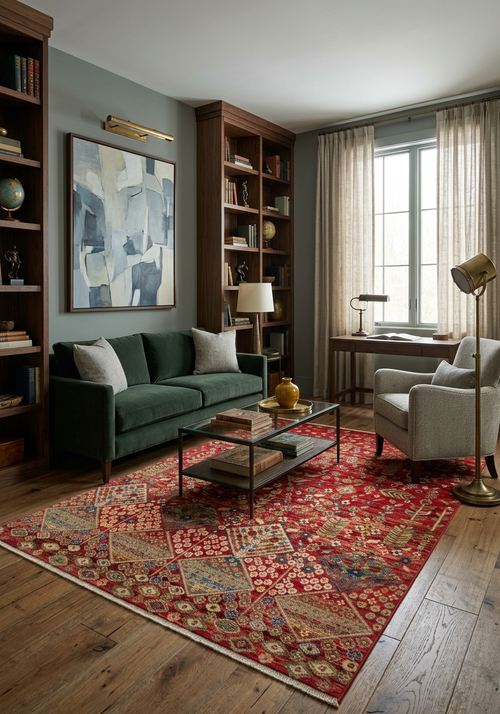Load image 1 in gallery view. Red traditional rug with a geometric patchwork pattern, styled in a home office with a green sofa and wood bookshelves.