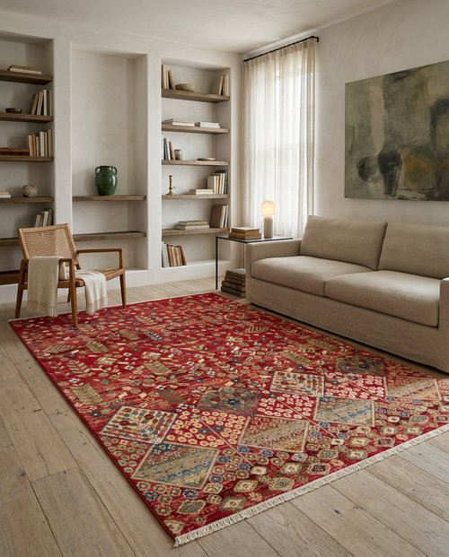 Load image 1 in gallery view. Red traditional rug with a multi-colored geometric medallion pattern, styled in a neutral living room.