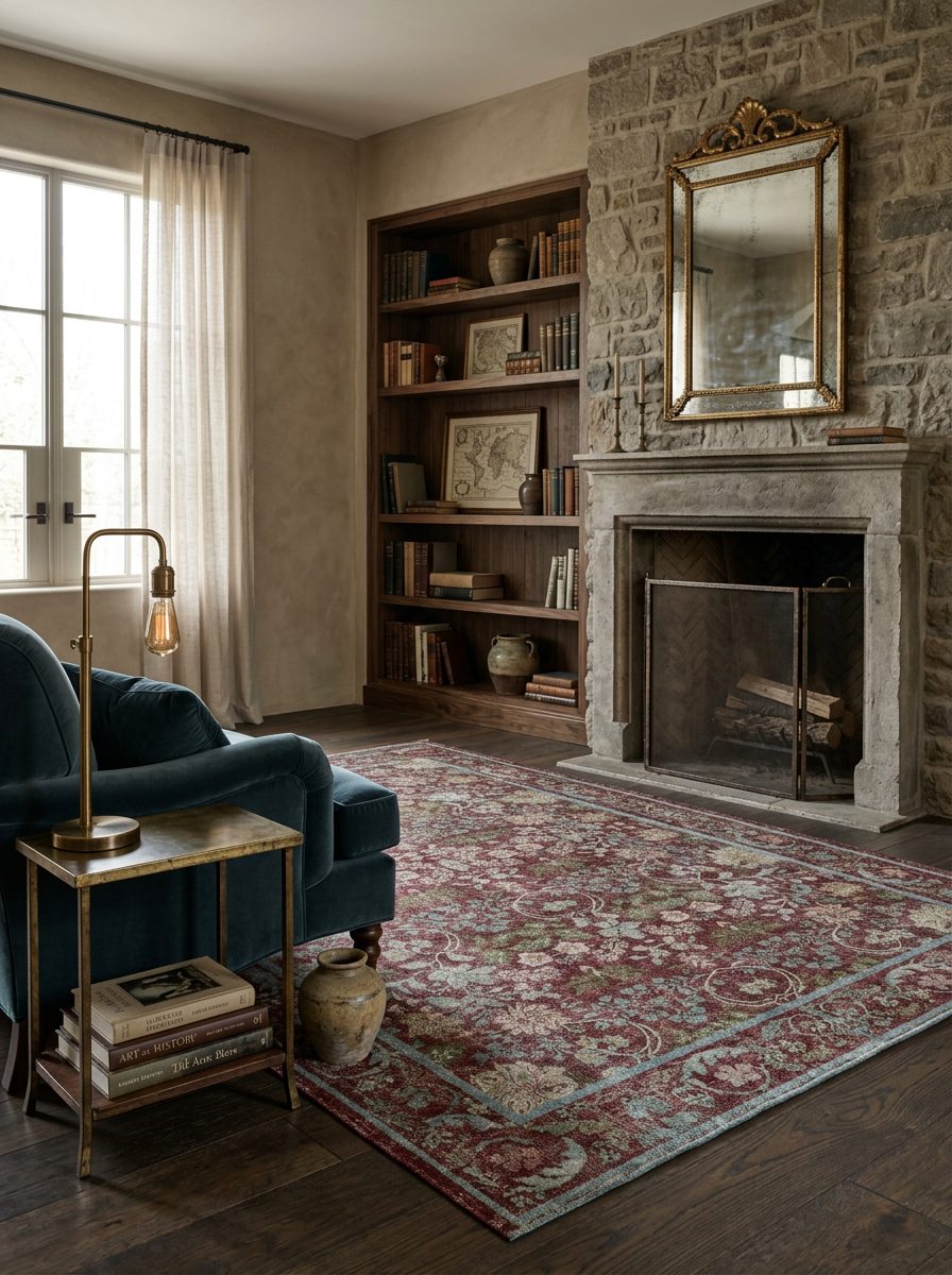 Distressed burgundy and teal floral medallion rug in a traditional living room with a stone fireplace.