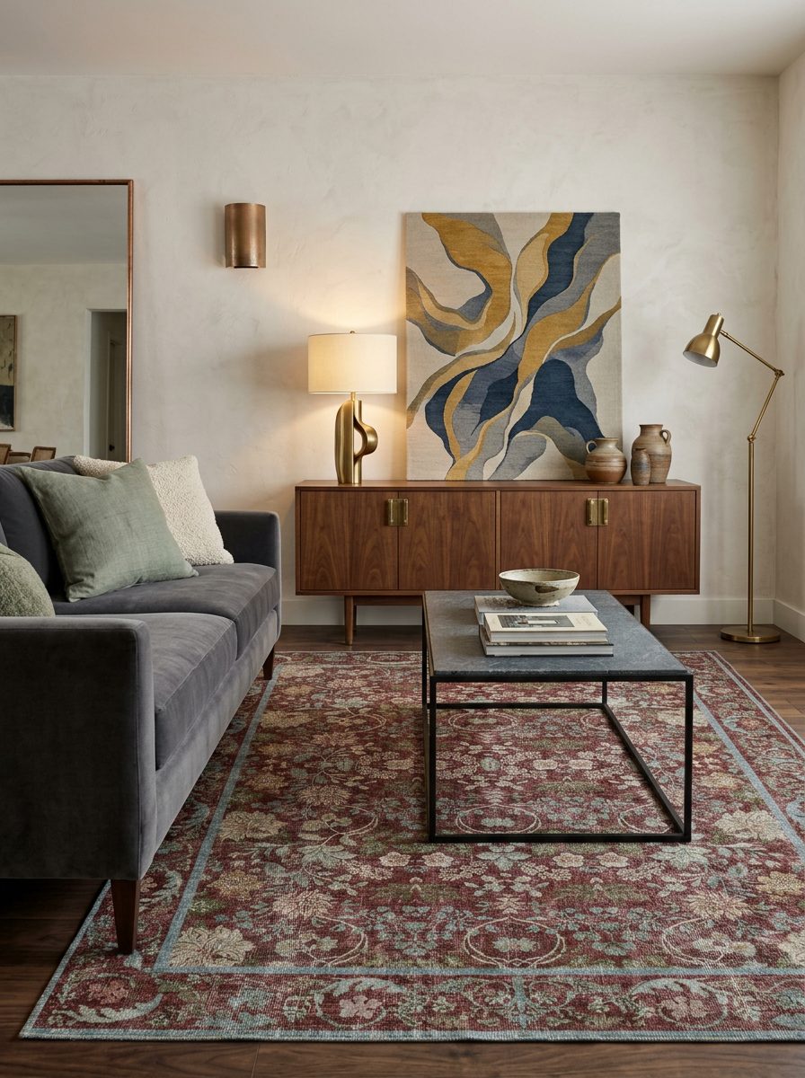 Deep red traditional floral rug with blue and cream accents, styled in a modern living room.